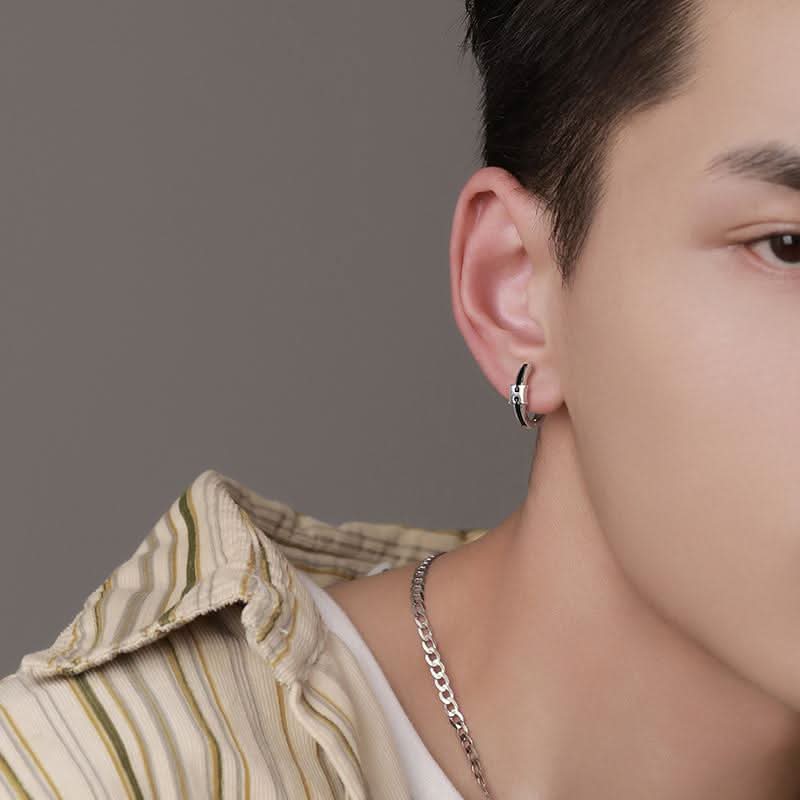 Men’s Black Geometric Earrings – Minimalist Korean Style Hoops