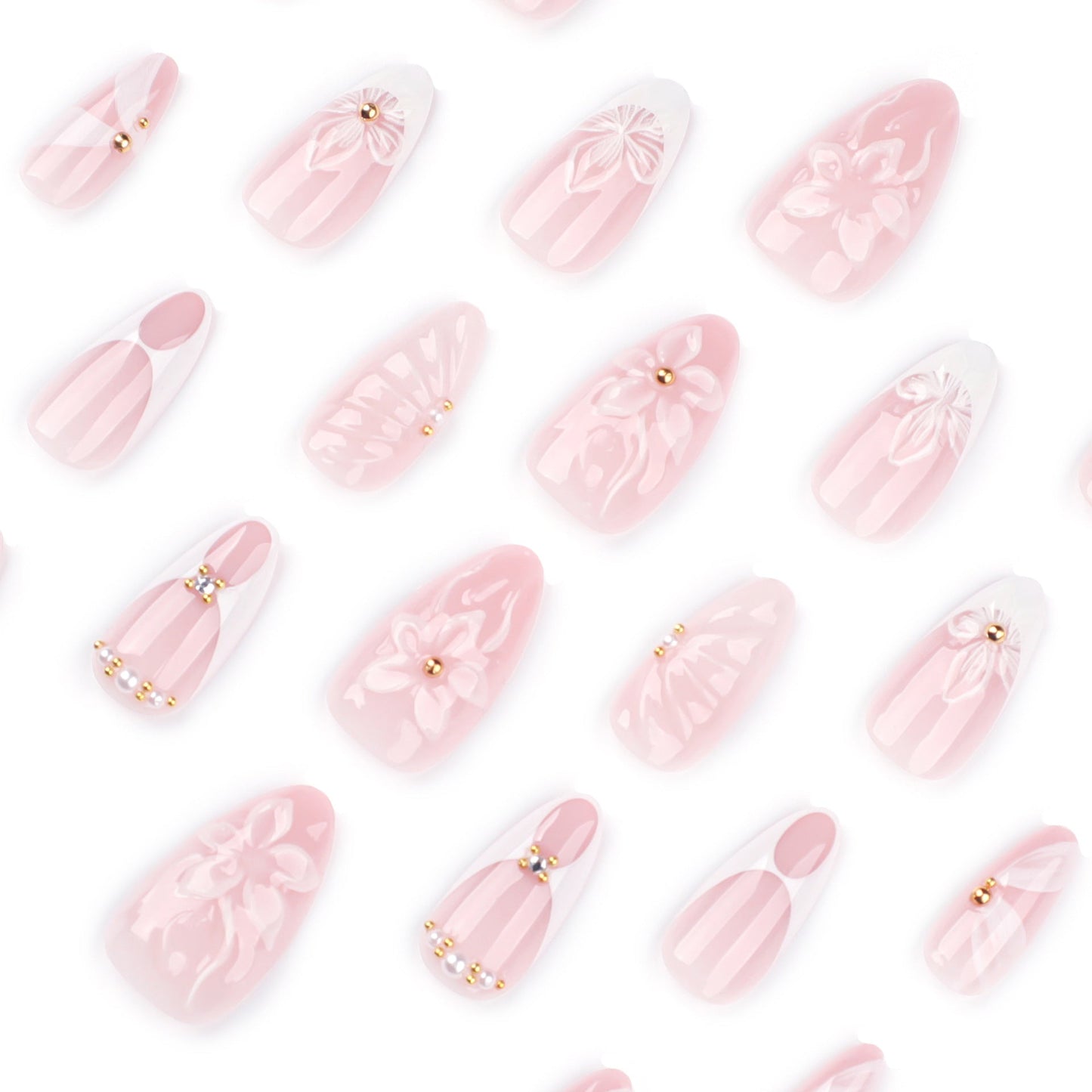 3D Floral Almond Press-On Nails – Elegant Nude White Acrylic Nails