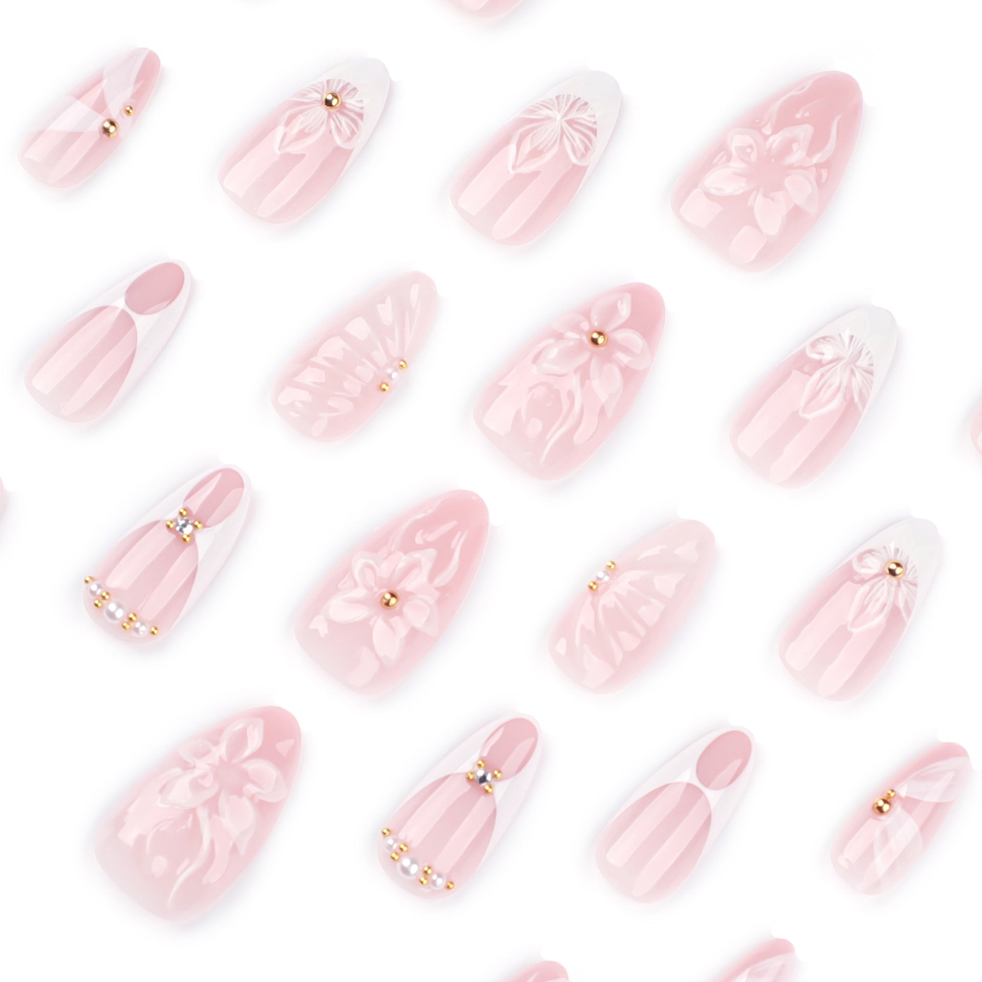 3D Floral Almond Press-On Nails – Elegant Nude White Acrylic Nails