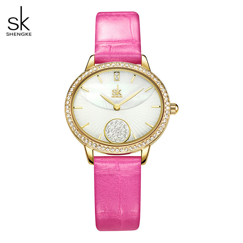 SK Women’s Diamond Quartz Watch – Casual Leather Strap, 30M Waterproof Round Dial