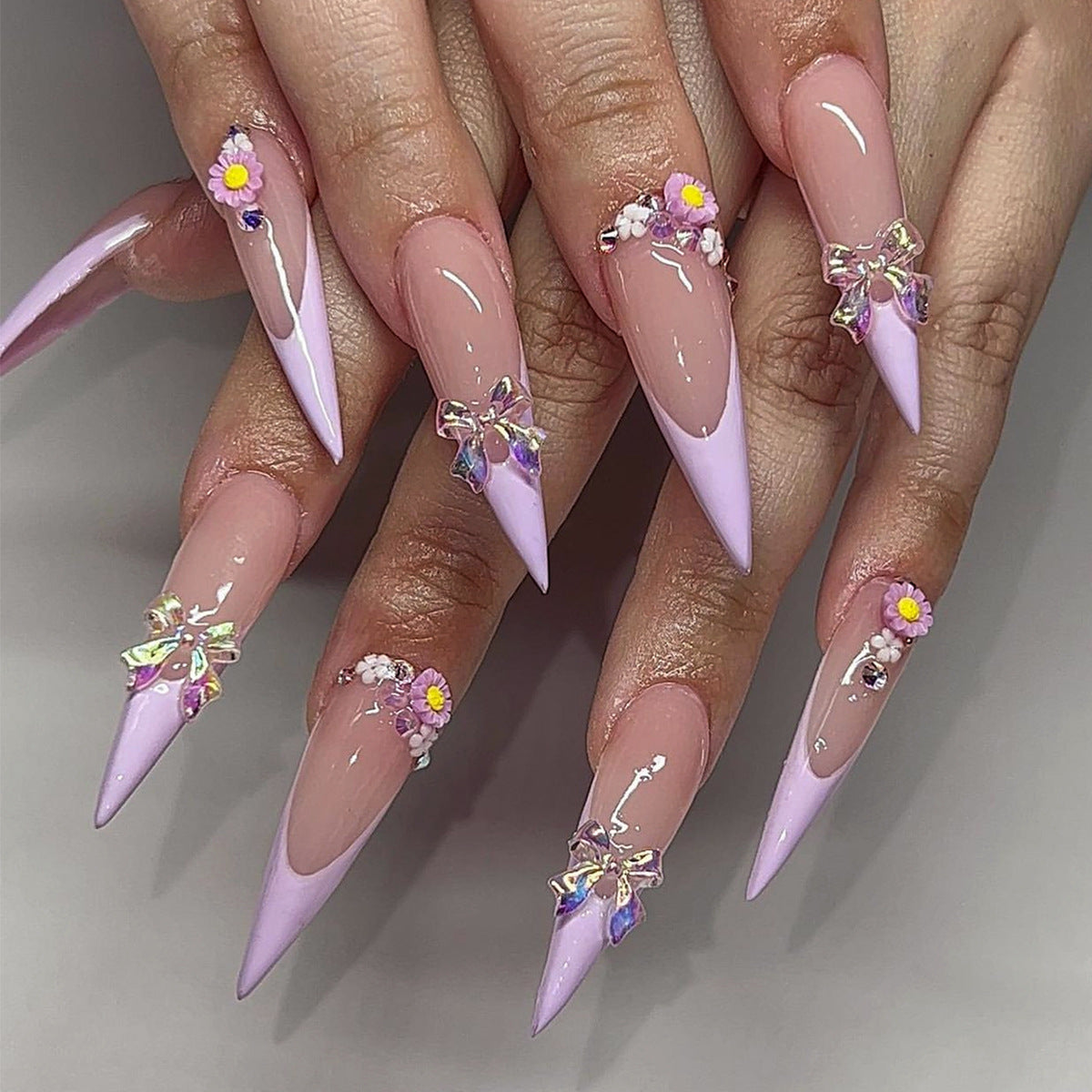 Extra Long Stiletto Press-On Nails – Pink French Tip with 3D Bows & Floral Accents