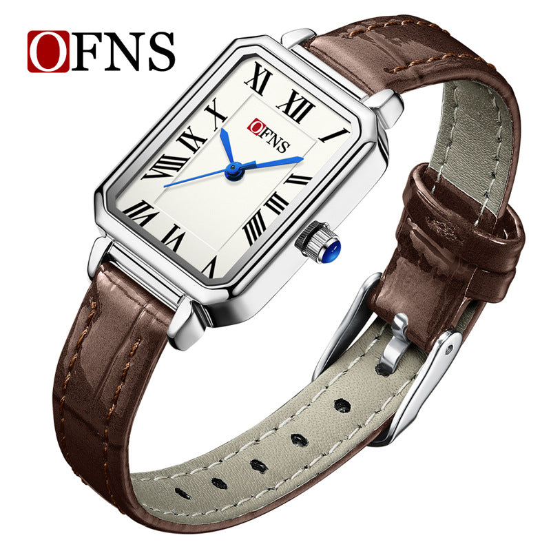 OFNS Women’s Square Quartz Watch – Roman Dial, Leather Strap & Waterproof Design