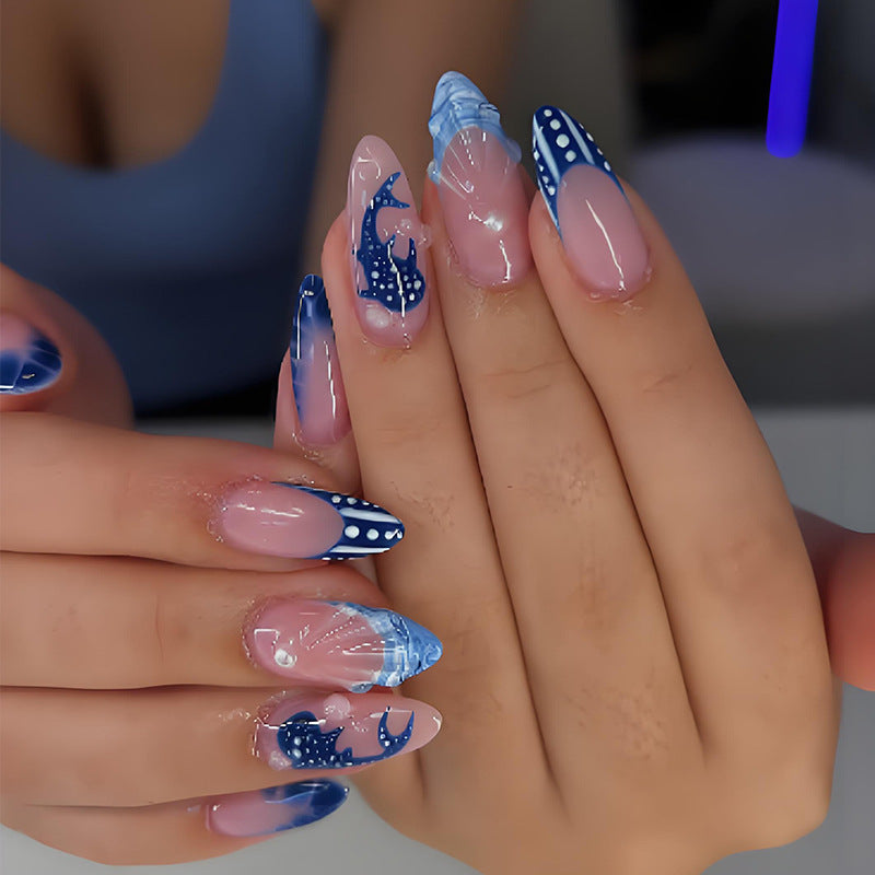 Blue & Nude Stiletto Press-On Nails – 3D Dolphin Swirl Long Glossy Nail Art
