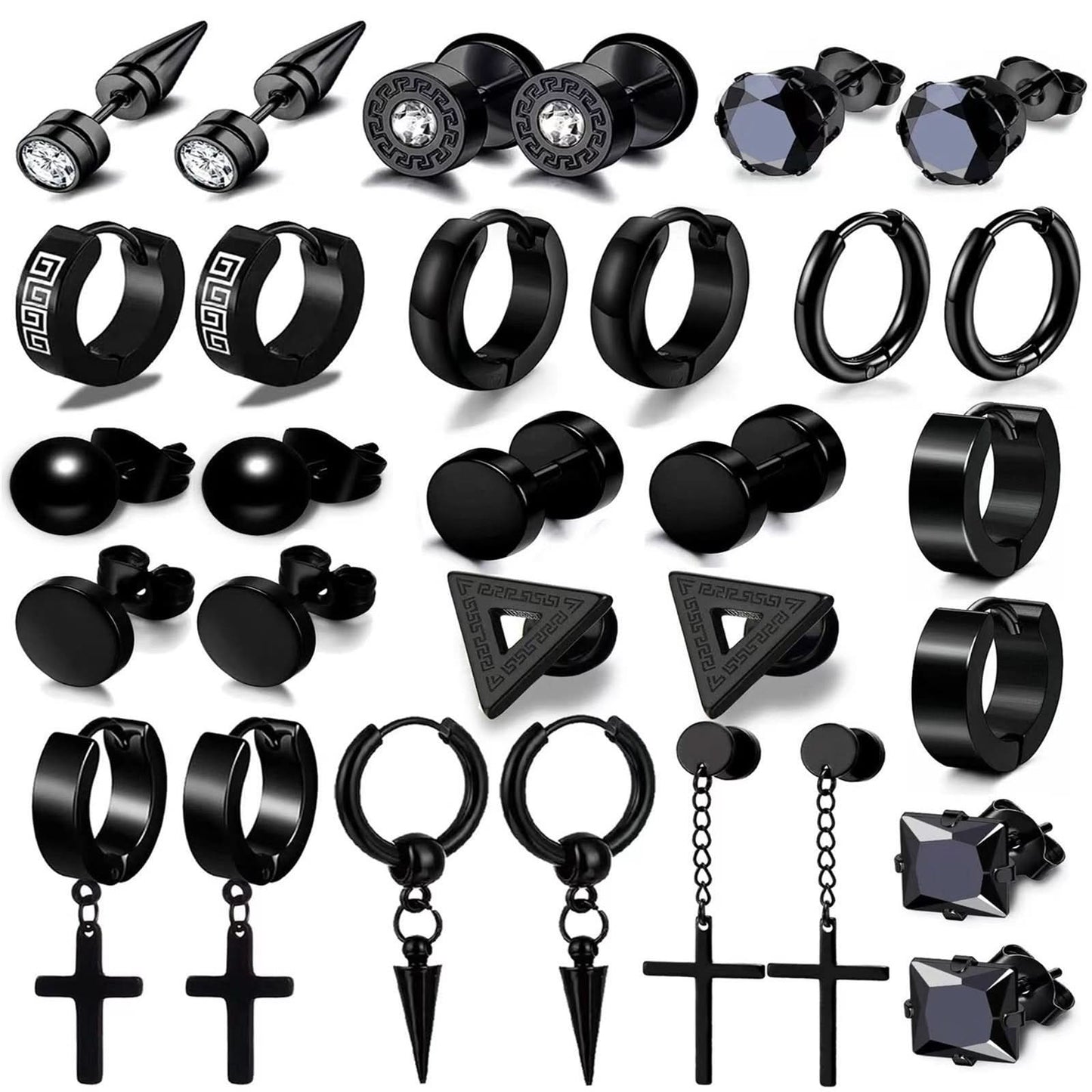 Men’s Black Geometric Stainless Steel Earrings Set (15-pairs)