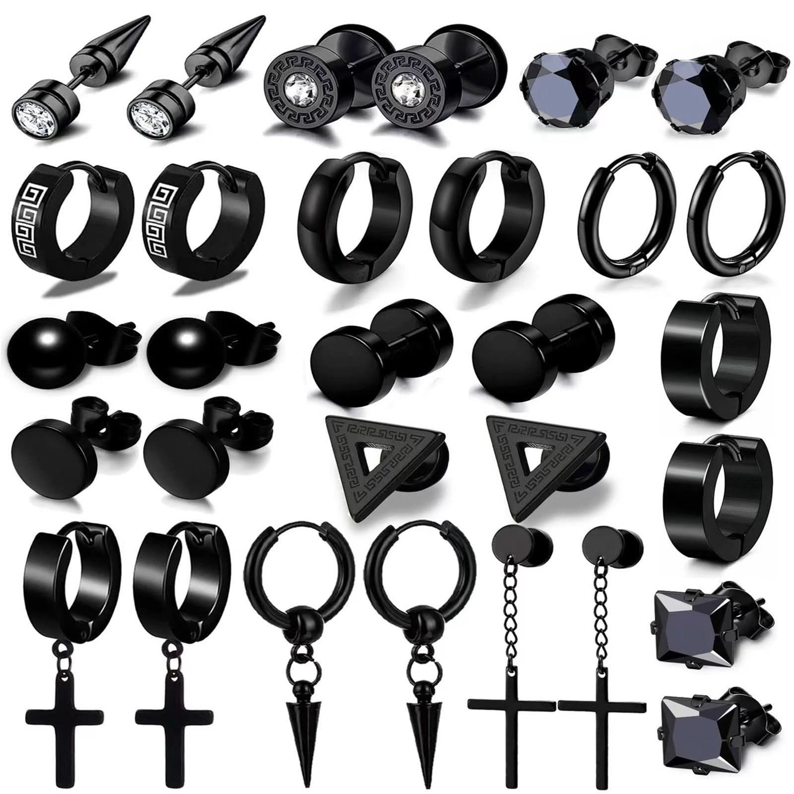 Men’s Black Geometric Stainless Steel Earrings Set (15-pairs)