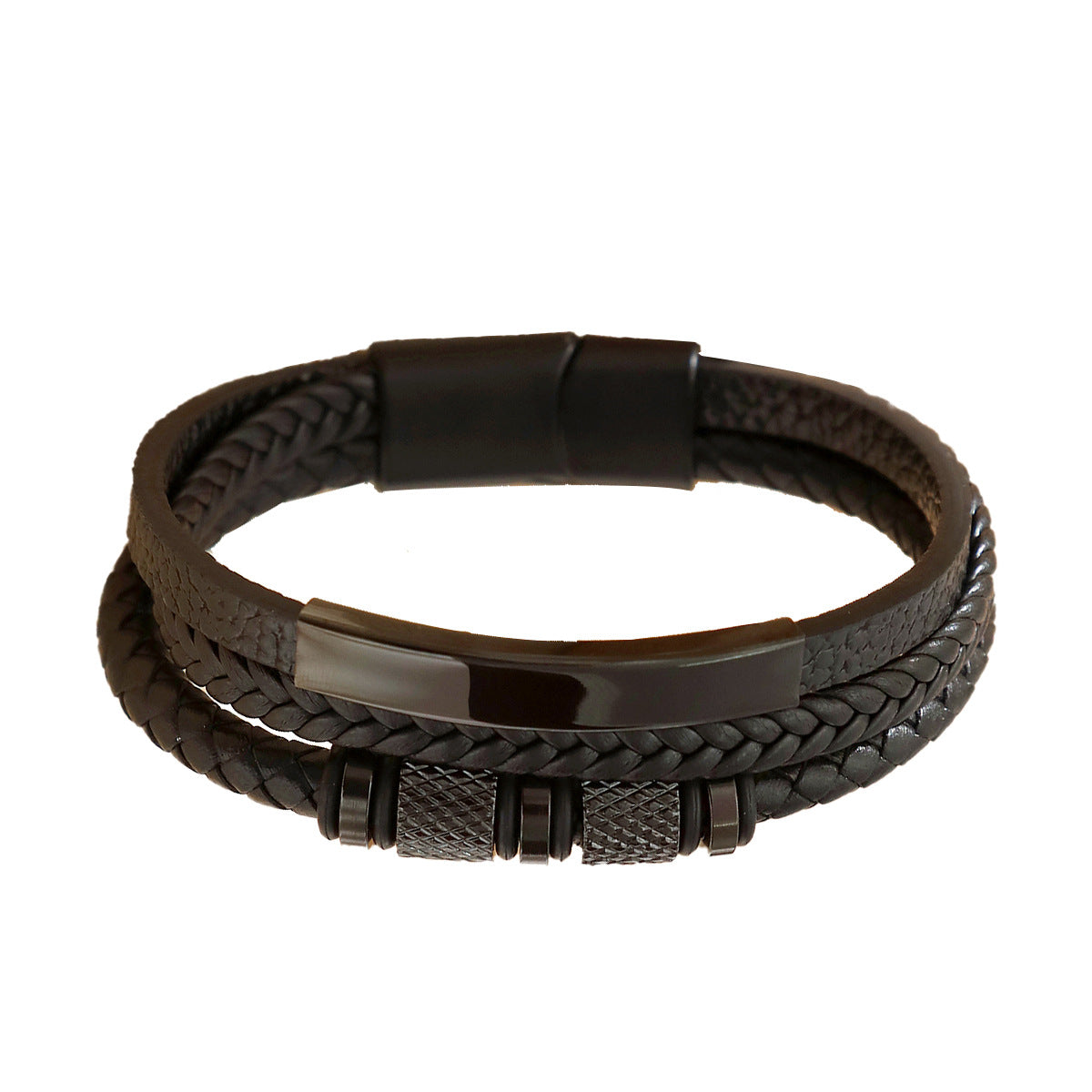 Men’s Leather Bracelet – Geometric Multi-Layer Design with Magnetic Alloy Clasp