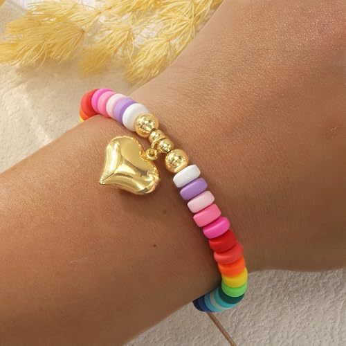 Rainbow Beaded Bracelet for Women – Handwoven Soft Pottery Love Charm Jewelry