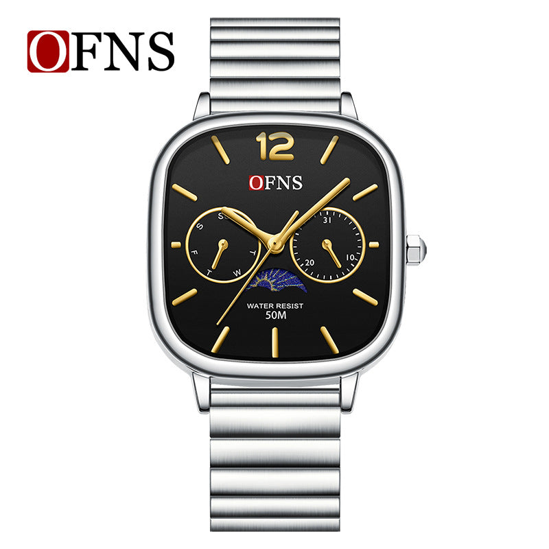 OFNS Square Quartz Watch with Moon Phase & Calendar – Waterproof Business Unisex Watch
