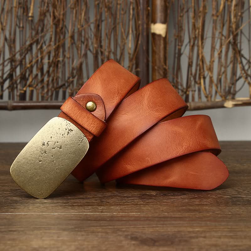 Men’s Retro Leather Belt – Vintage Smooth Copper Buckle