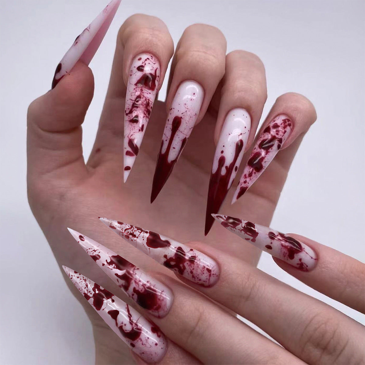 Halloween Blood Drip Press-On Nails – Extra Long Stiletto Glue-On French Tips