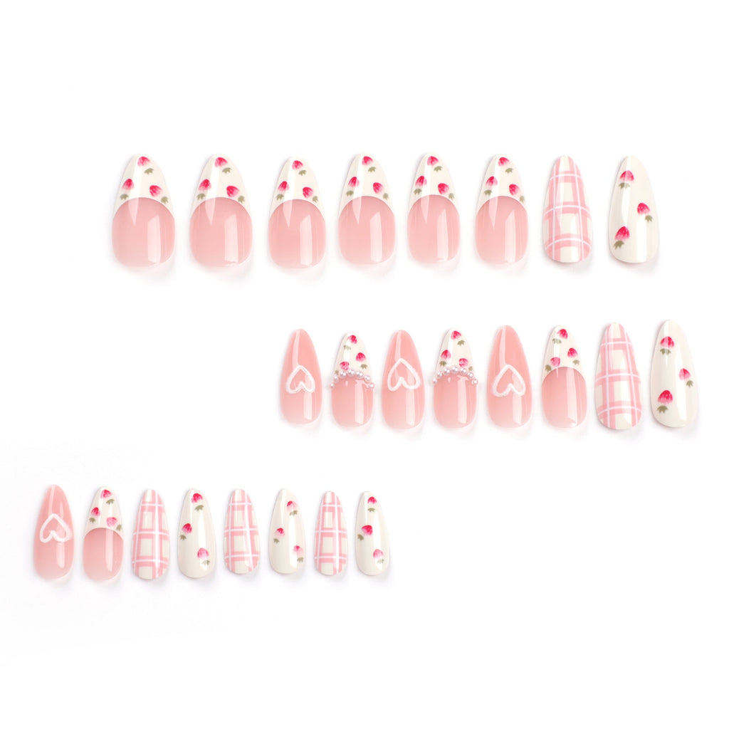 Sweet Almond Press-On Nails with 3D Hearts & Strawberry Design – Medium Fake Nails
