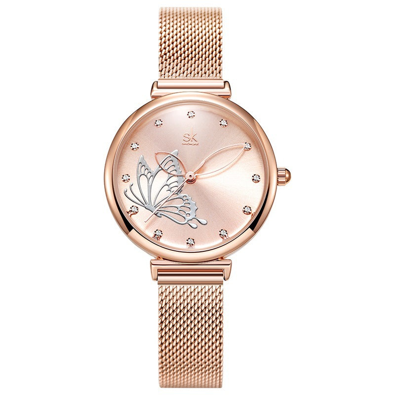 SK Women’s Quartz Watch – 3D Butterfly Dial, Stainless Steel Strap, Waterproof Wristwatch