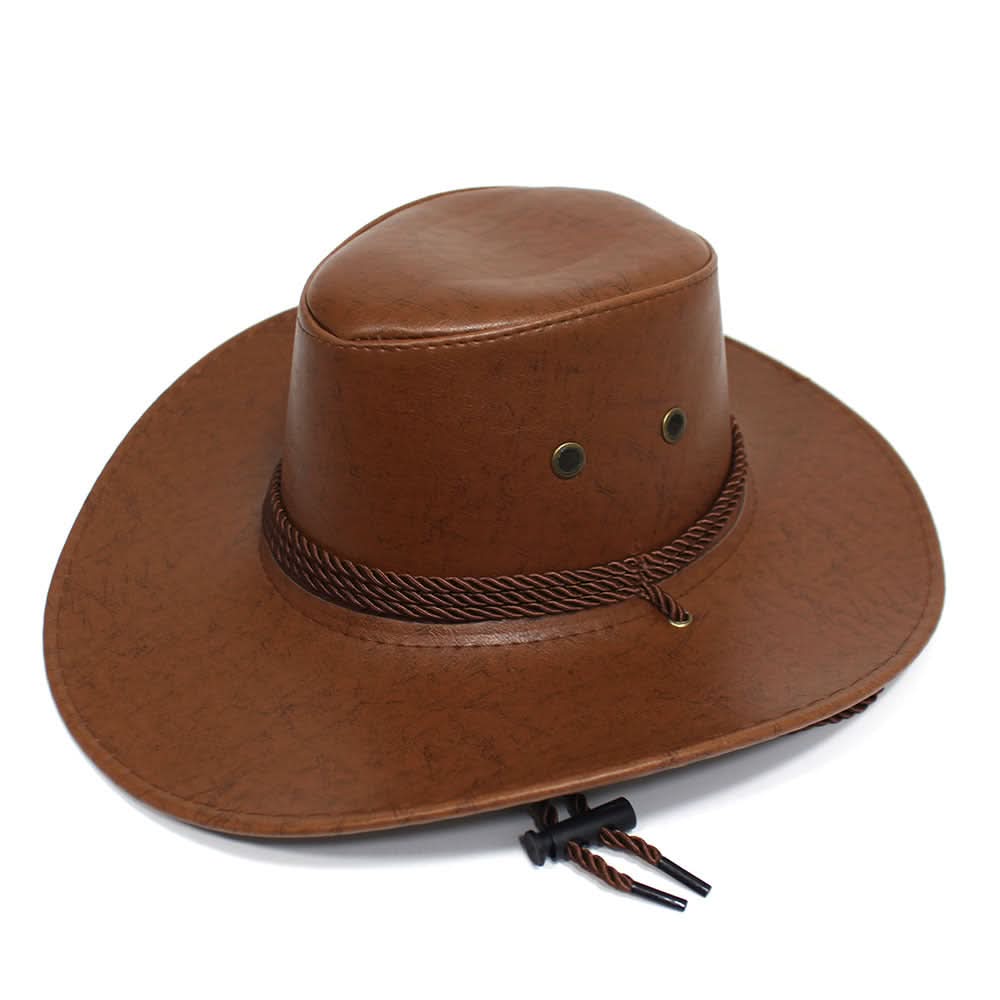 PU Leather Western Cowboy Hat – Unisex Outdoor Jazz Hat with Wide Brim