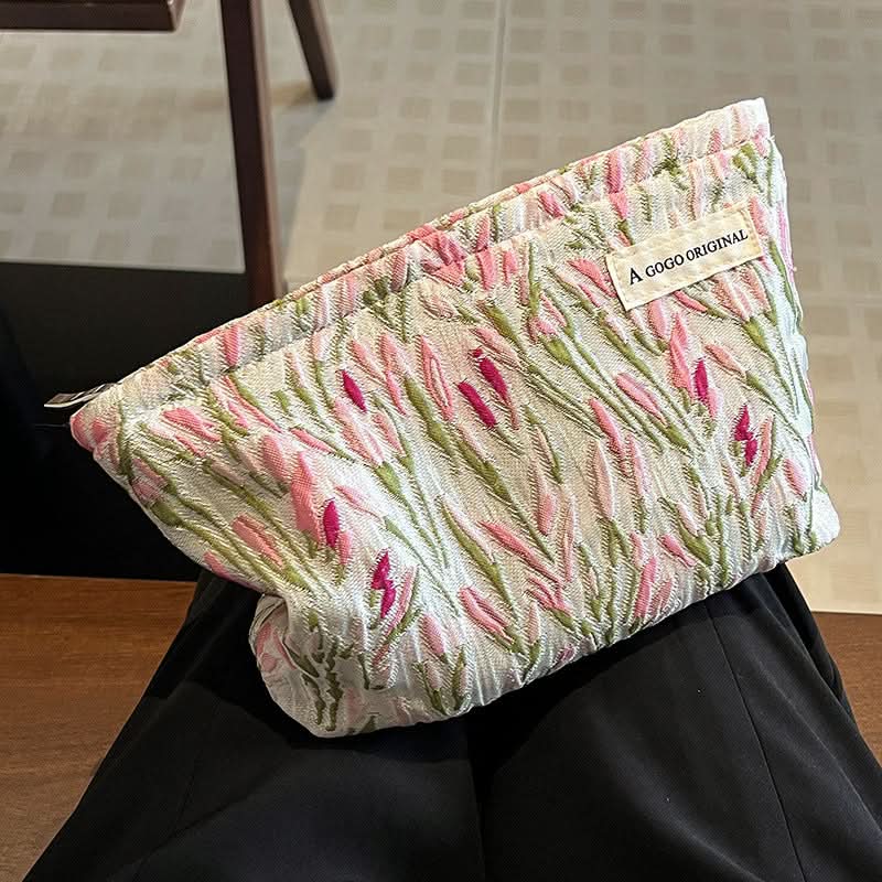 Fresh Tulip Canvas Makeup Bag – Large-Capacity Travel Cosmetic Pouch