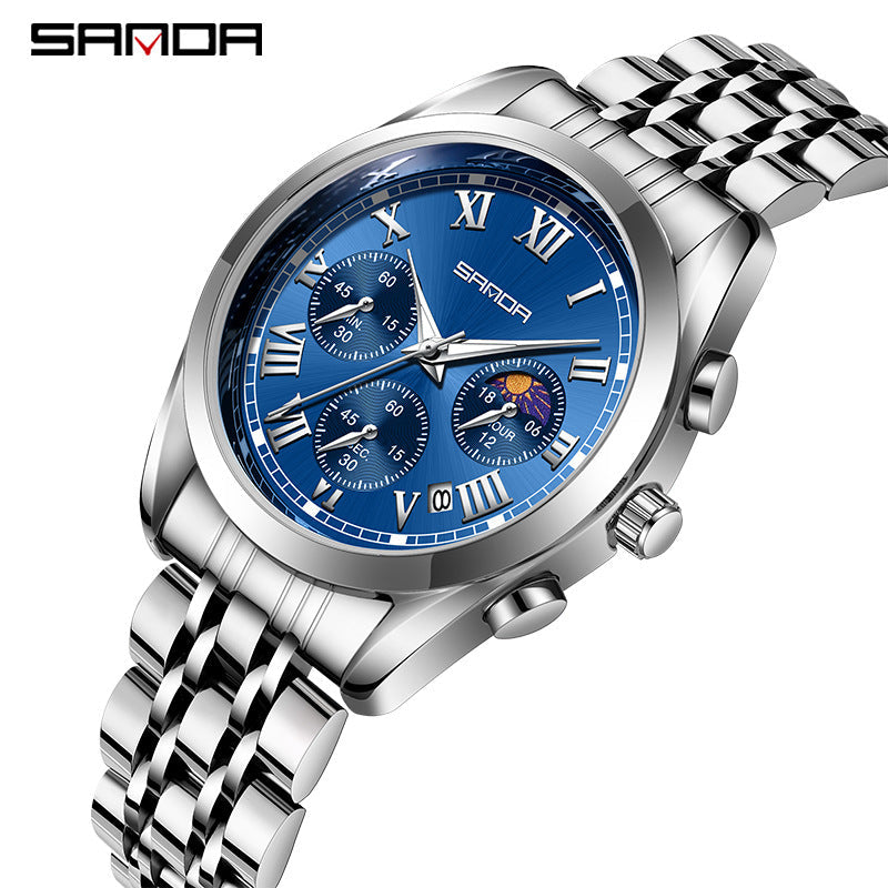 SANDA Men’s Six-Pin Quartz Watch – Stainless Steel Business Wristwatch with Calendar