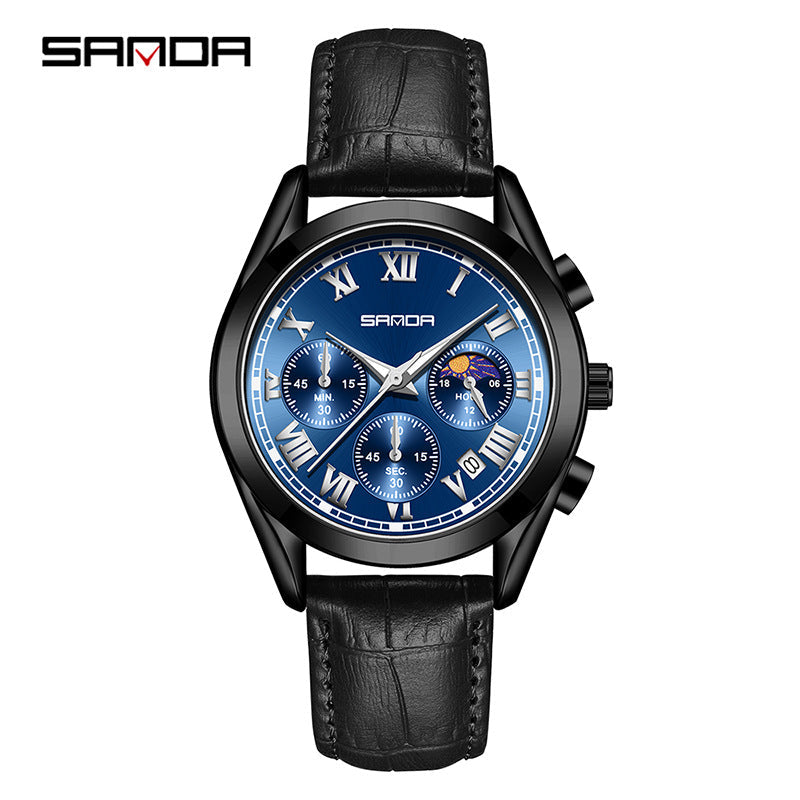 Sanda Men’s Leather Quartz Watch – Waterproof Business Watch with Moon Phase & Calendar
