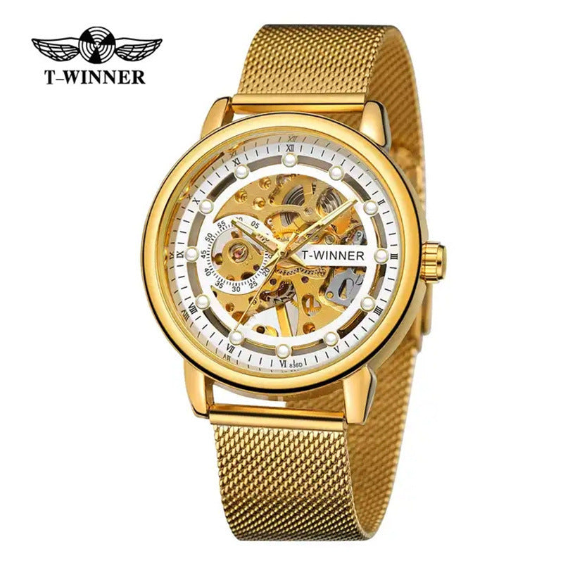 T-Winner Men’s Hollow Mechanical Watch – Mesh Strap, 30M Waterproof, Fashion Casual