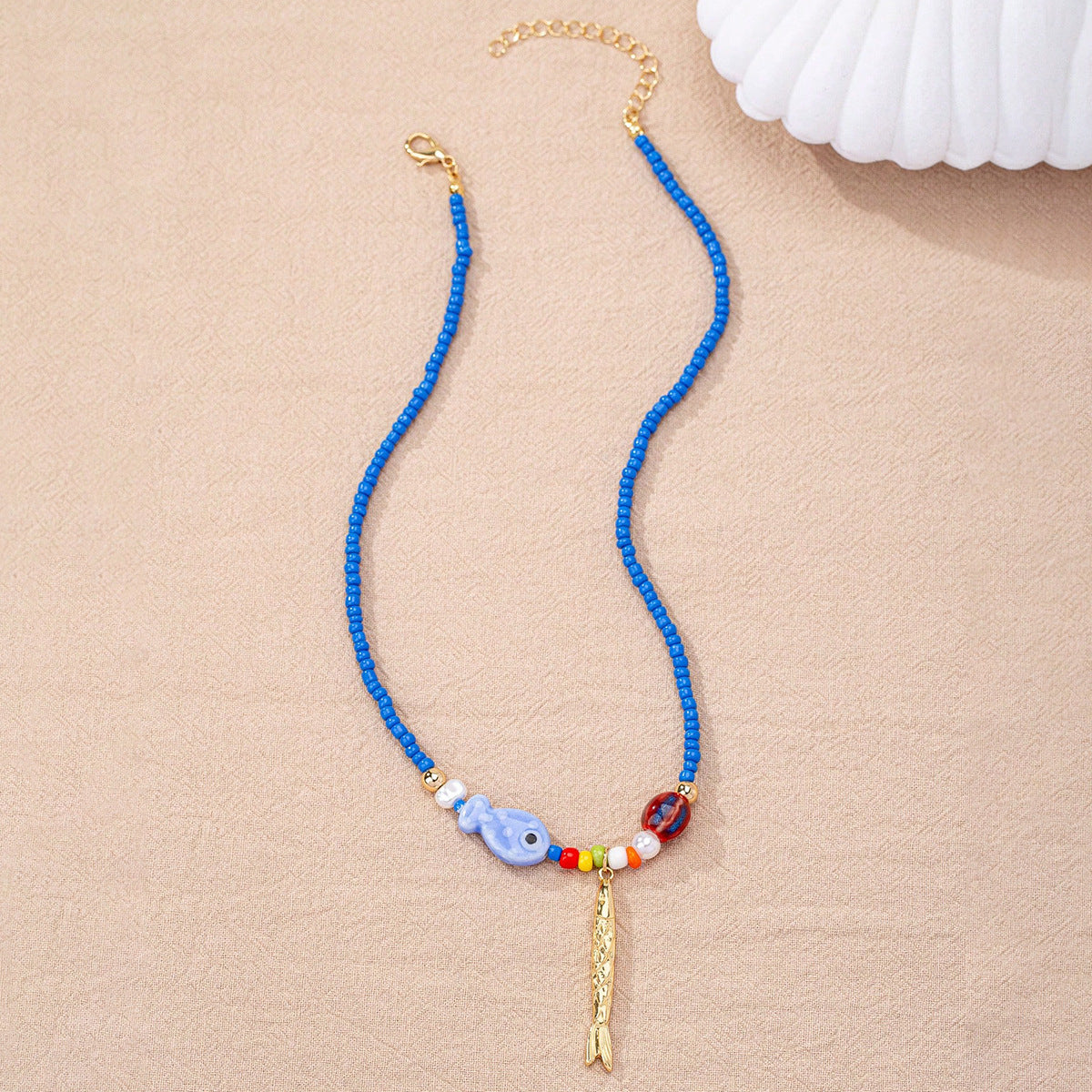 Bohemian Blue Beaded Necklace – Fish Pendant Beach Jewelry for Women