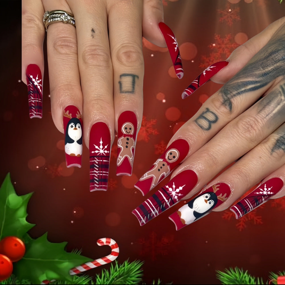 Festive Red Coffin Press-On Nails – Penguin & Gingerbread Design Nail Art