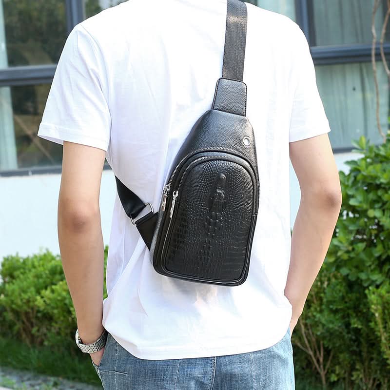 Men’s Stylish Crocodile Pattern Chest Bag – PU Leather Sling Bag, Wear-Resistant