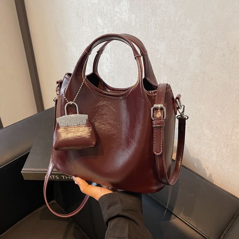 Women's Elegant Leather Bucket Bag – Shoulder Tote with Matching Keychain