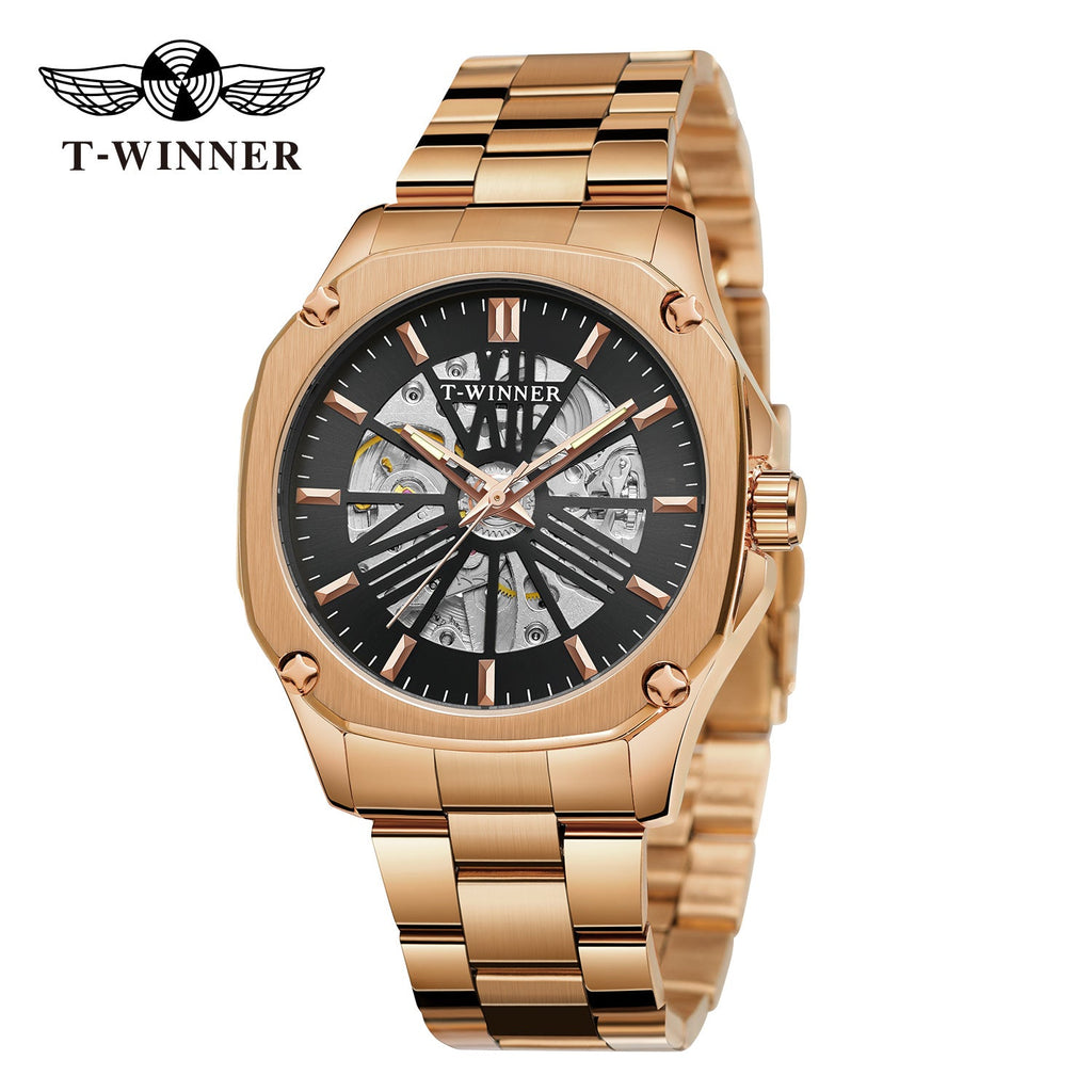 T-Winner Men’s Square Skeleton Automatic Mechanical Watch – Luminous Dial