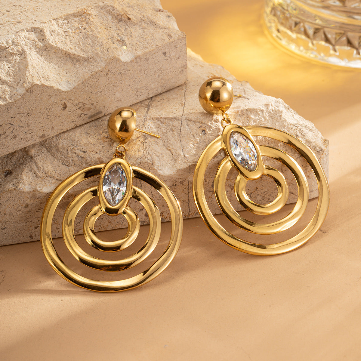 Gold Circle Zircon Earrings – Titanium Steel Geometric Statement Jewelry for Women