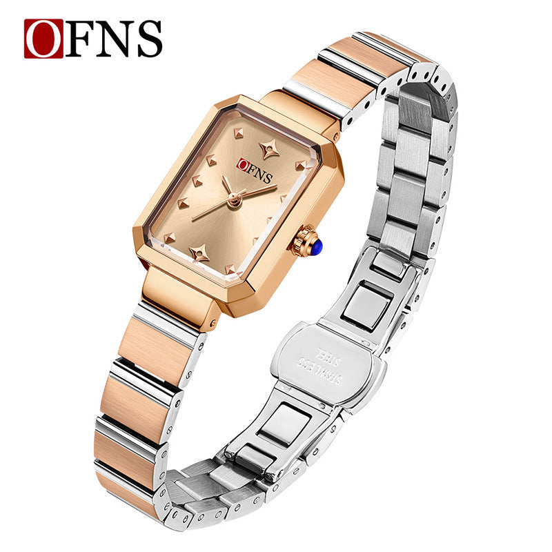 OFNS Women’s Quartz Watch – Retro Rectangular Dial, Stainless Steel Strap Casual Wristwatch
