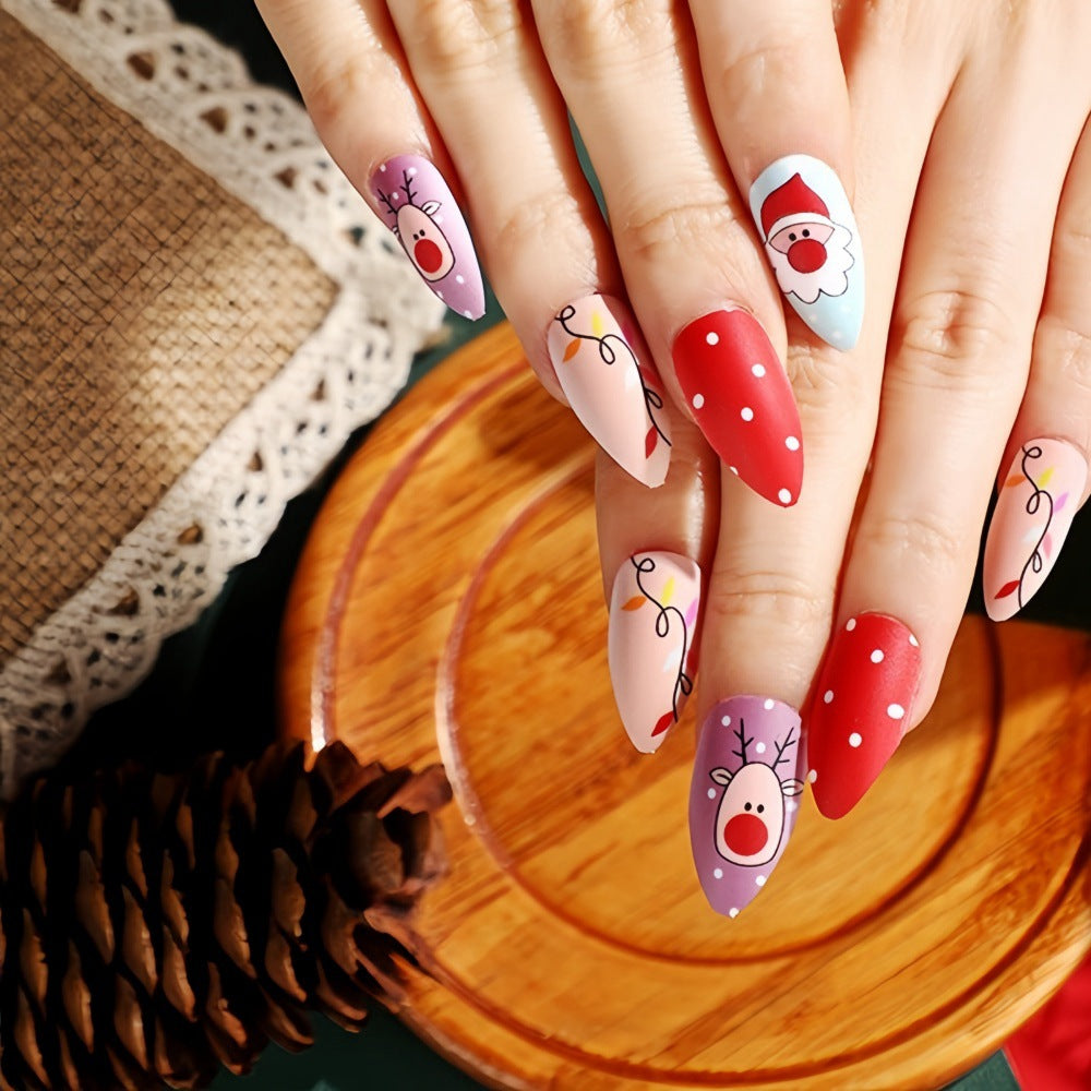 Festive Santa & Reindeer Almond Press-On Nails – Medium Glue-On Acrylic Set