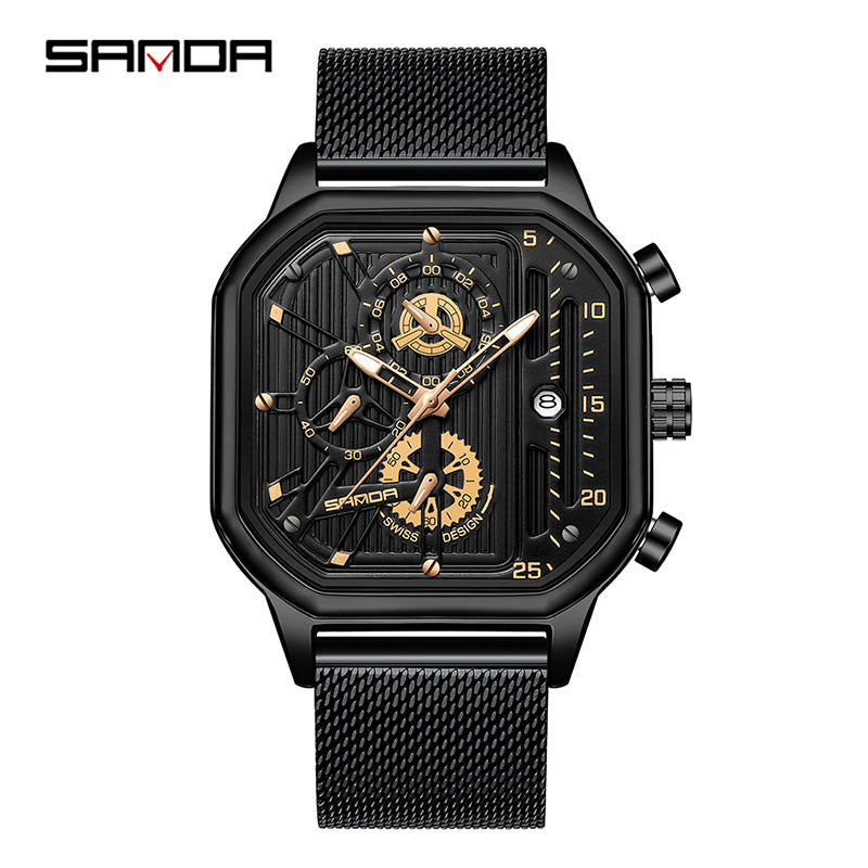 SANDA Men's Mesh Steel Square Quartz Watch – Multifunction Calendar Waterproof Timepiece