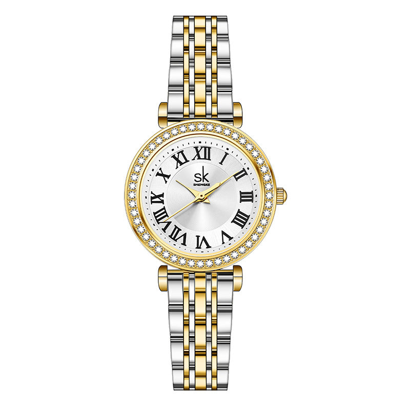 SK Women’s Quartz Watch – Diamond-Studded Dial, Waterproof Fashion Wristwatch