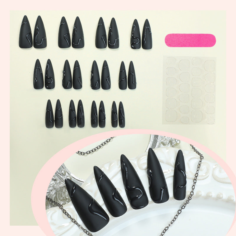 Edgy Black Stiletto Press-On Nails – Long Matte Acrylic with Glossy Snake Design Nails