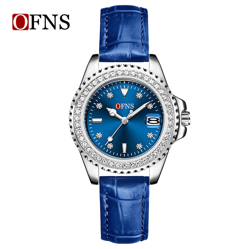 OFNS Women’s Luxury Quartz Watch – Diamond Inlaid Dial, Leather Strap, Waterproof