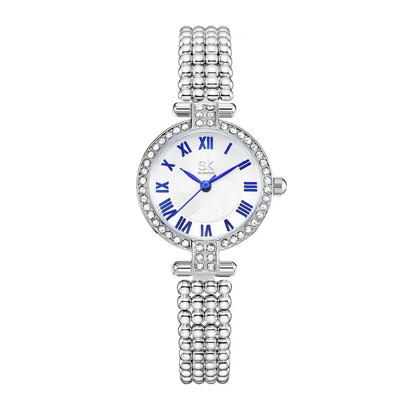 SK Women’s Quartz Watch – Diamond Accent Round Dial, Alloy Strap, Fashion Wristwatch