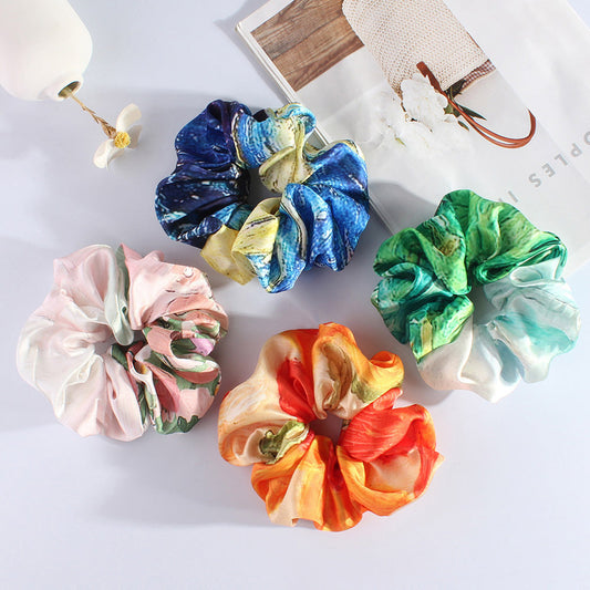 French Satin Printed Scrunchie – Pastoral Style Ponytail Holder