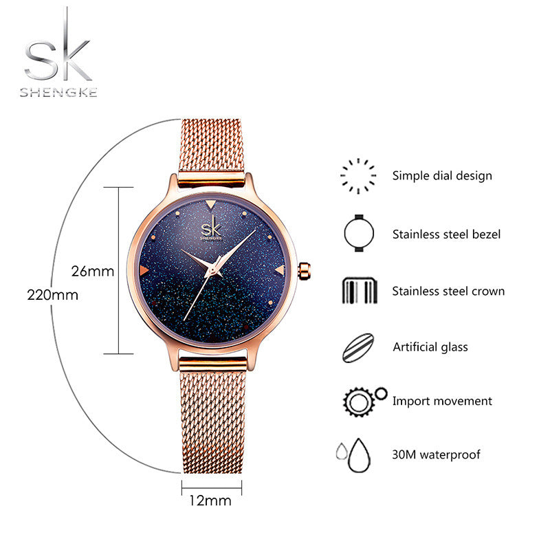 SK Starry Sky Women’s Quartz Watch – Fashion Waterproof Wristwatch with Mesh Strap
