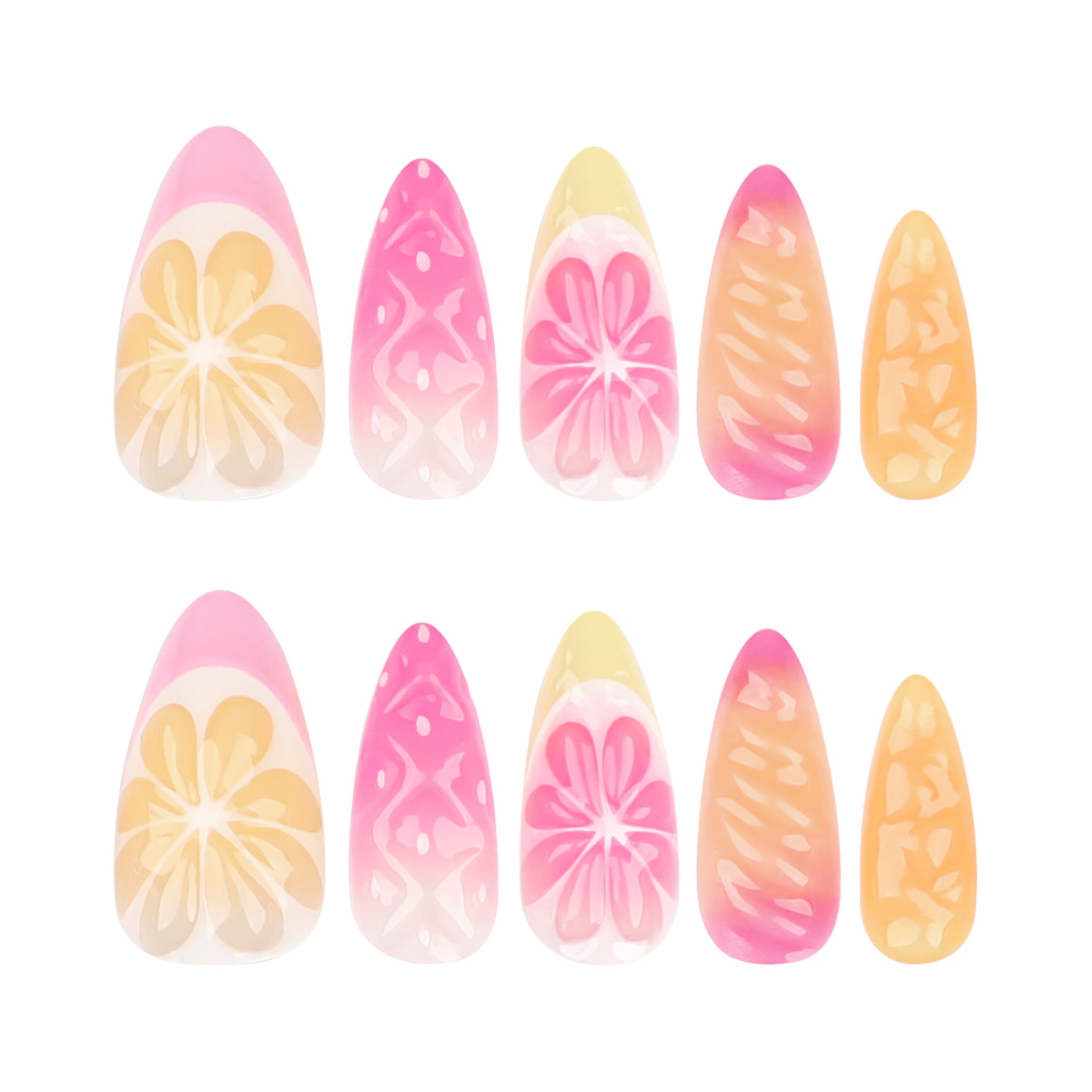 3D Fruit Press-On Nails – Medium Coffin Glue-On Tips with Floral Gradient Design