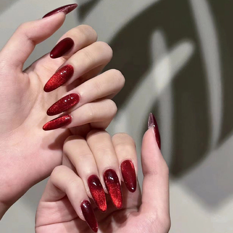 Red Cat Eye Press-On Nails – Long Almond Glitter Ombre Nail Set
