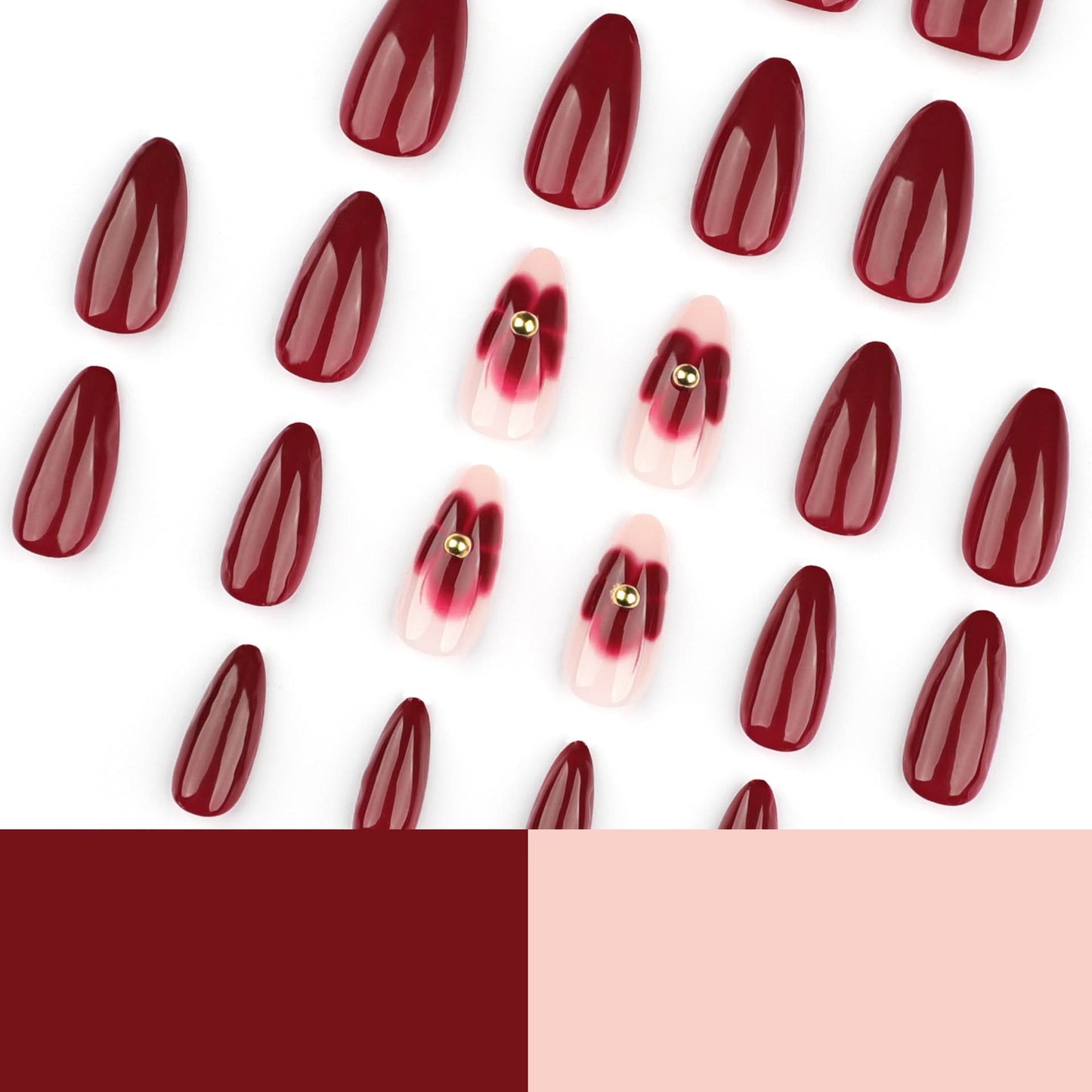 Short Almond Red Press-On Nails – Elegant Floral False Nails
