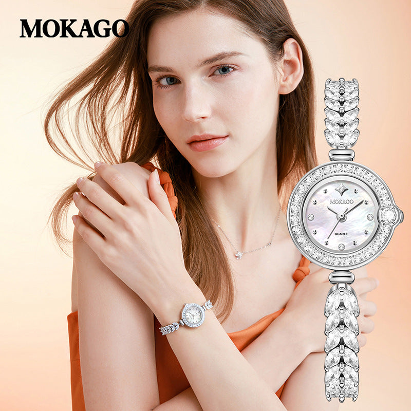 MOKAGO Women’s Quartz Watch – Round Dial, Full Diamond Fishtail Bracelet Watch
