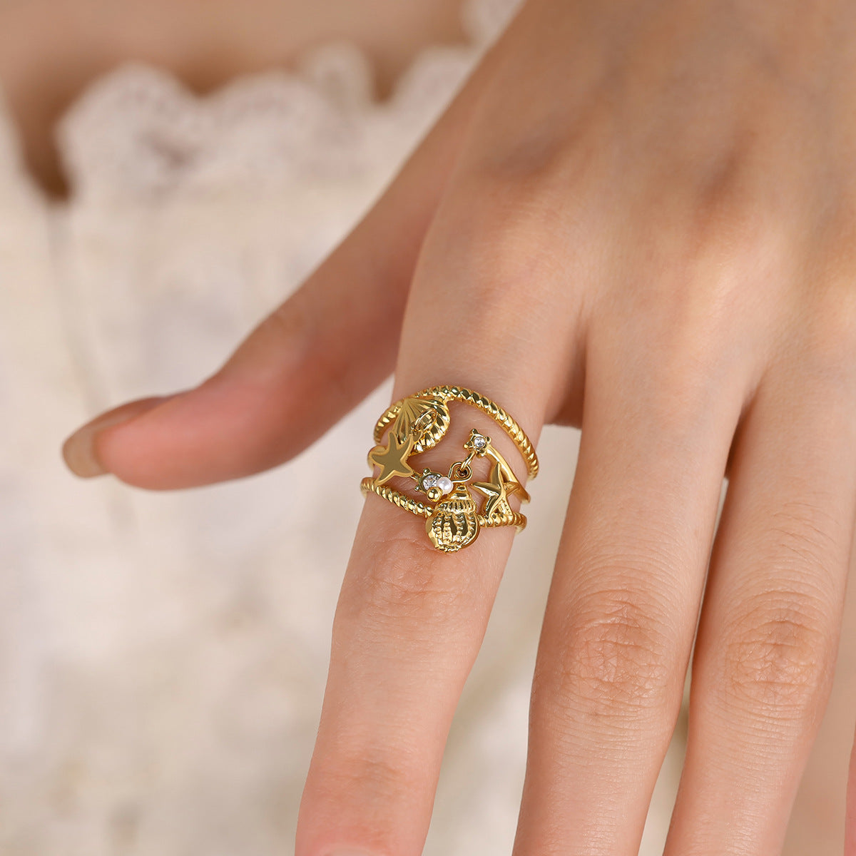 Ocean Starfish Shell Ring – Gold Titanium Steel Open Adjustable Beach Jewelry