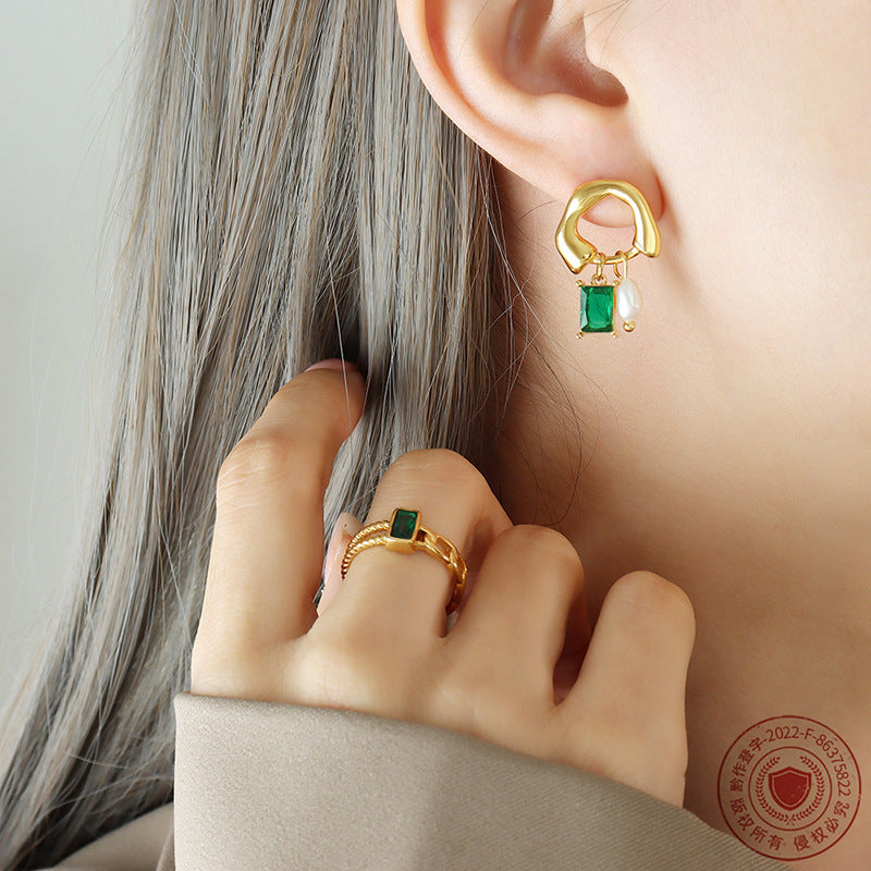 Geometric Pearl Drop Earrings for Women – Green Crystal Pendant, Fashion Office Style