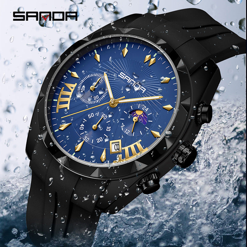 SANDA Men's Silicone Sports Watch – Waterproof Quartz with Calendar & Three-Eye Design