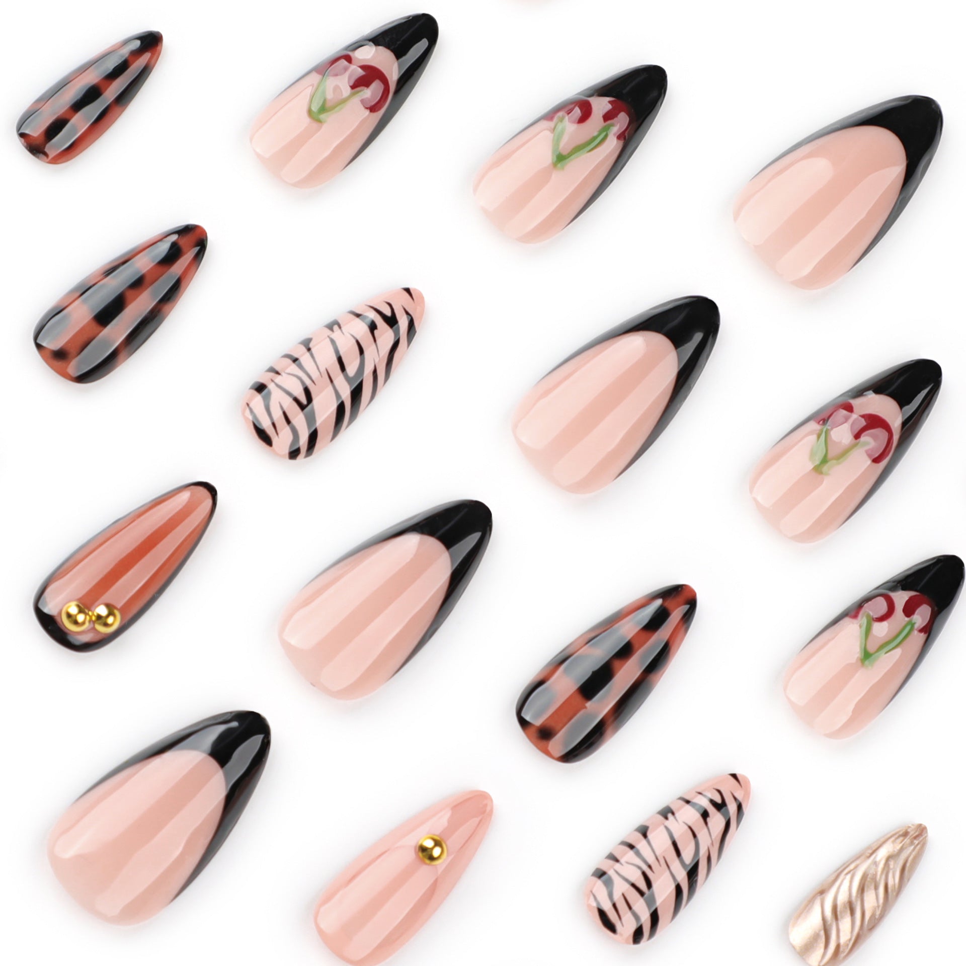 Stiletto Press-On Nails with French Tips & 3D Cherry Design – Trendy Glossy Set