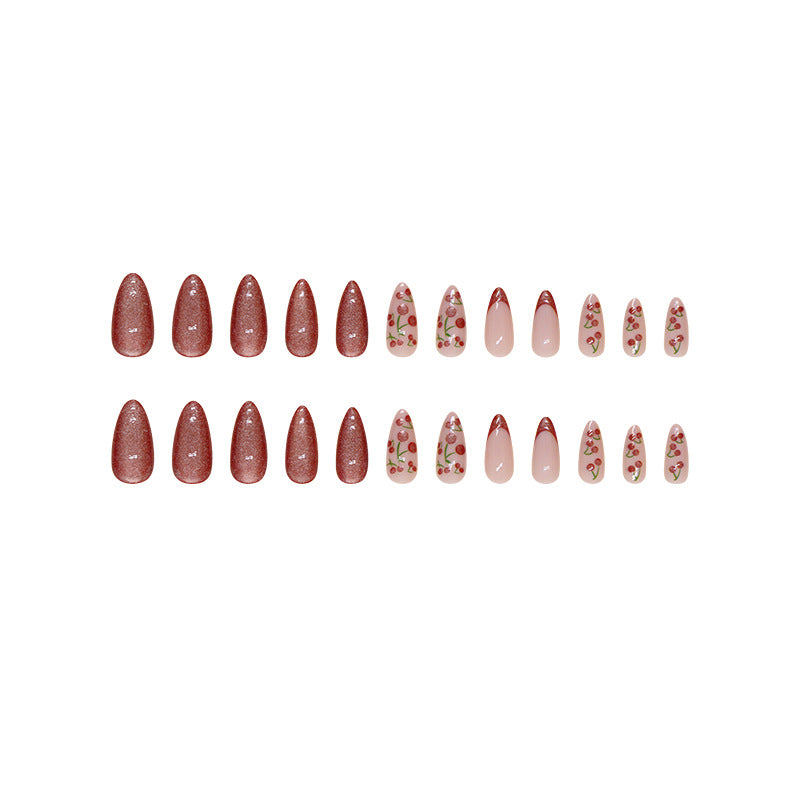 Cherry Red Cat Eye False Nails – Almond Shape, Wearable French Tips