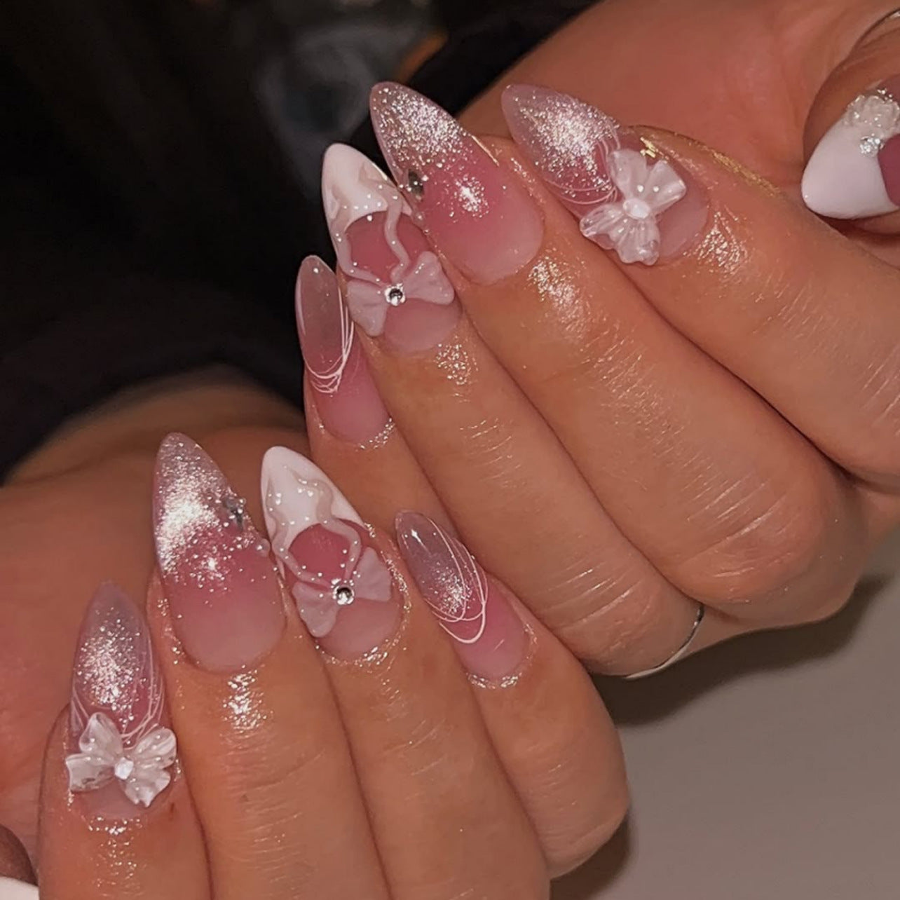 Cat Eye Gradient Press-On Nails – Medium Almond Pink Embellished French Bow Set