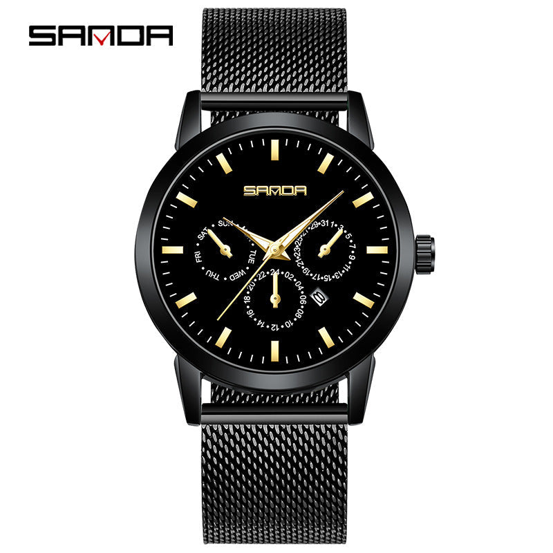 Sanda Men’s Mesh Strap Quartz Watch – Three-Eye Chronograph, Waterproof Business Analog Watch