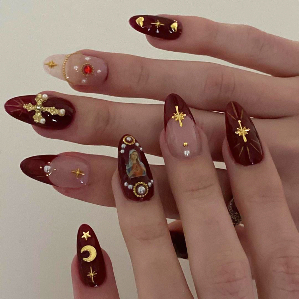 Religious-Themed Press-On Nails – Long 3D Cross & Moon Design Acrylic Nail Set