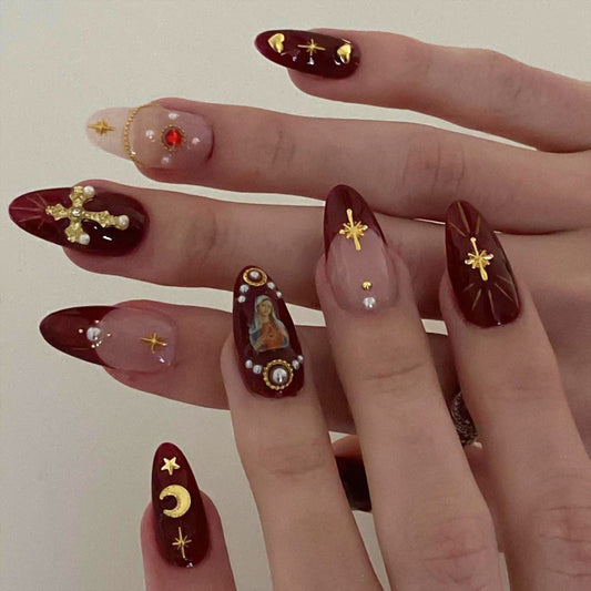 Religious-Themed Press-On Nails – Long 3D Cross & Moon Design Acrylic Nail Set