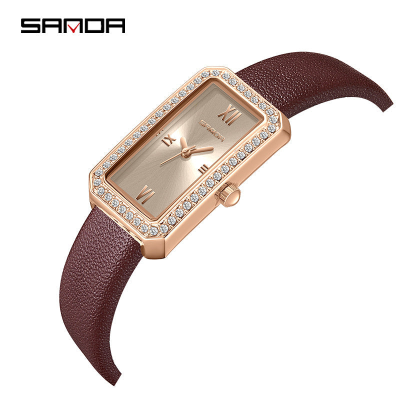 SANDA Women's Quartz Watch – Diamond-Accented Leather Strap, Casual Timepiece